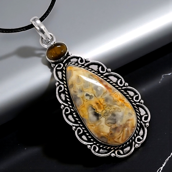 🆕S925 Silver Pendant Picture Jasper Tigers Eye Statement Necklace Boho Chic - Picture 1 of 14